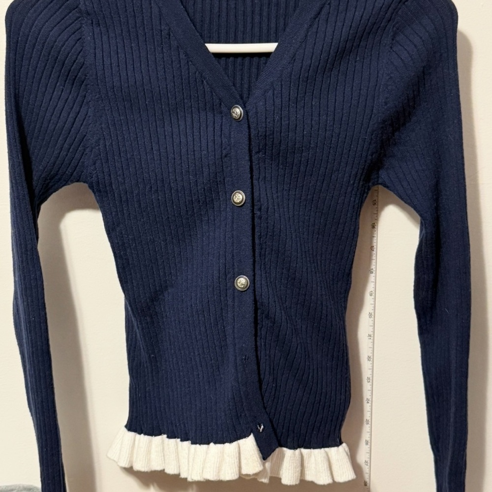 Navy Ribbed Cardigan w Cream Ruffle Trim